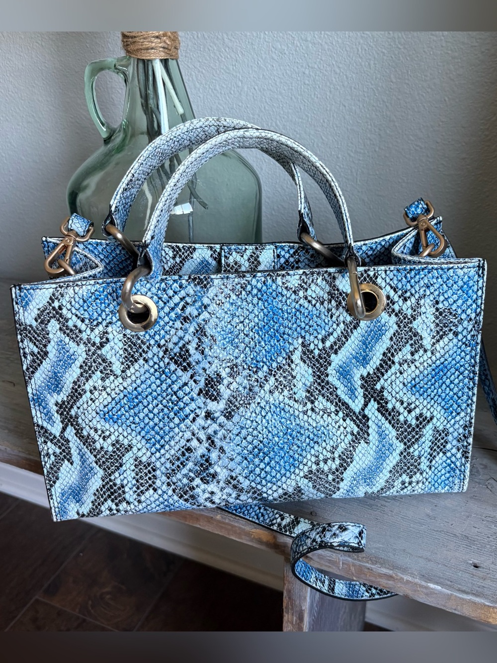 Anthropologie blue leather snake-print handle bag with shoulder strap